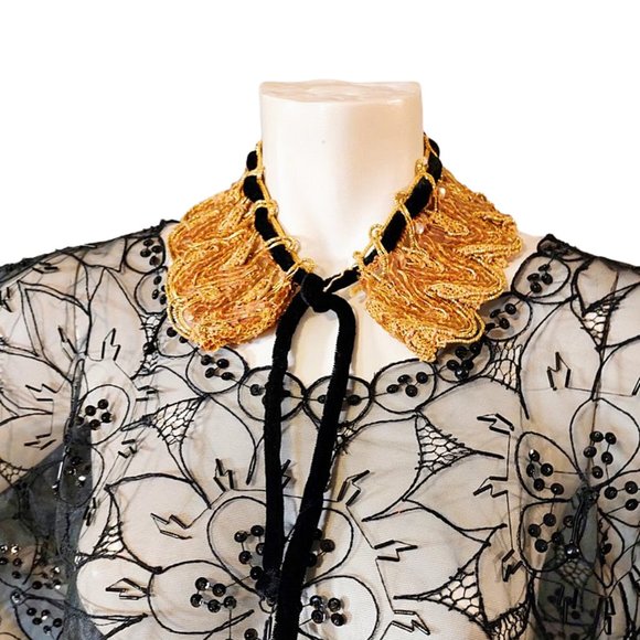 Vintage Accessories - 1950s True Vintage Gold Thread And Sequin Detachable Collar With A Velvet Tie